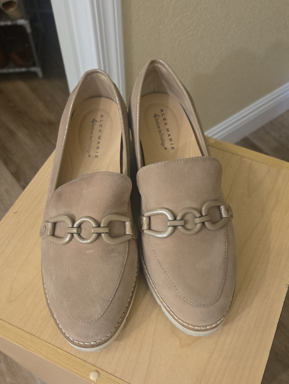 Alex Marie Tan Suede Loafers with Metal Chain Accent